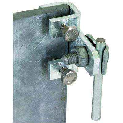 Metallverbund mit Schrauben und Bolzen, möglicherweise Teil einer Halterung oder Klemme, zeigt funktionale Verbindungselemente.