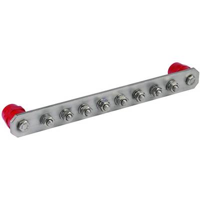 Metallschiene mit acht Bolzen und Muttern, zum Anbringen von Kabeln oder elektrischen Anschlüssen, mit roten Endkappen.