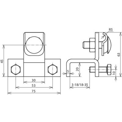 Technische Zeichnung eines L-förmigen Metallhalters mit Abmessungen. Links vorne, rechts Seitenansicht. Maße: Breite 75 mm, Höhe 45 mm.