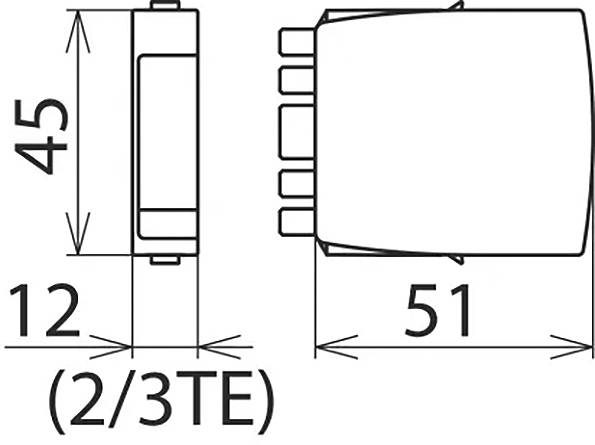 'Technische Zeichnung eines rechteckigen Bauteils, Maße: 45 mm hoch, 51 mm breit, 12 mm tief. Beschriftung: (2/3TE).'