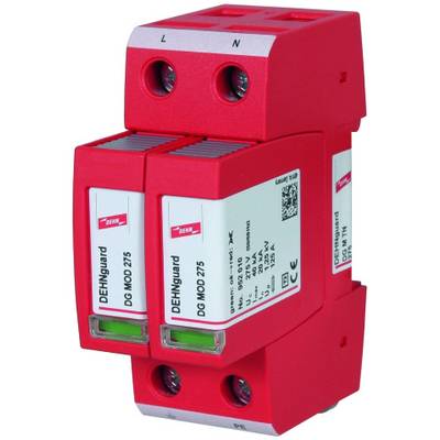 Ein rotes Überspannungsschutzgerät mit zwei Modulen, beschriftet mit 'DEHNgate DG M OD 275', zeigt technische Spezifikationen.