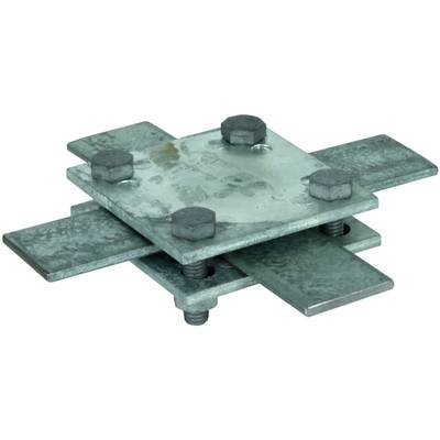 Metallverbindungselement mit vier überkreuzten Platten, die von Schrauben gehalten werden. Geeignet für robuste industrielle Anwendungen.
