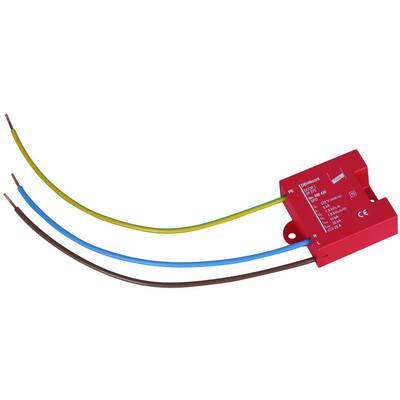 Roter Funkempfänger mit drei angeschlossenen Drähten in Braun, Blau und Grün-Gelb für die elektrische Verbindung.