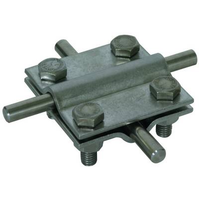 Metallverbindungselement mit vier Schrauben und zwei Stangen, zeigt eine mechanische Klemmanordnung zur Befestigung von Stangen.