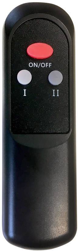 Fernbedienung mit rotem 'ON/OFF'-Knopf und zwei grauen Tasten, beschriftet mit 'I' und 'II'.