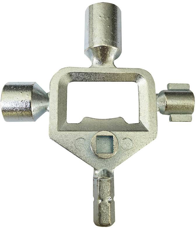Metallschlüssel mit vier verschiedenen Steckaufsätzen in einem kreuzförmigen Design zur Bedienung von technischen Einrichtungen.