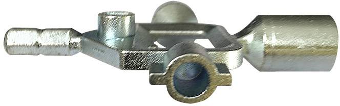 Metallstecker mit mehreren Steckverbindungen und Abzweigen, möglicherweise Teil eines mechanischen oder elektronischen Systems.