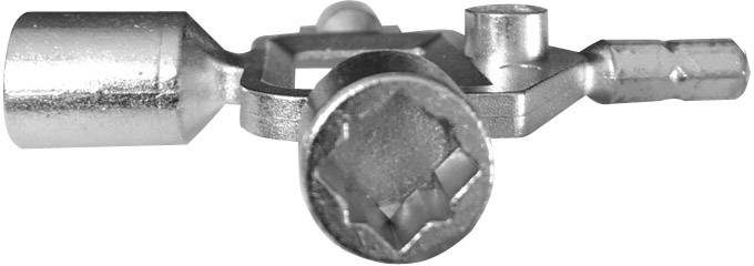 Ein silbernes multifunktionales Werkzeug mit verschiedenen Schraubaufsätzen. Verwendet für Sanitärinstallationen oder Heimwerkerarbeiten.