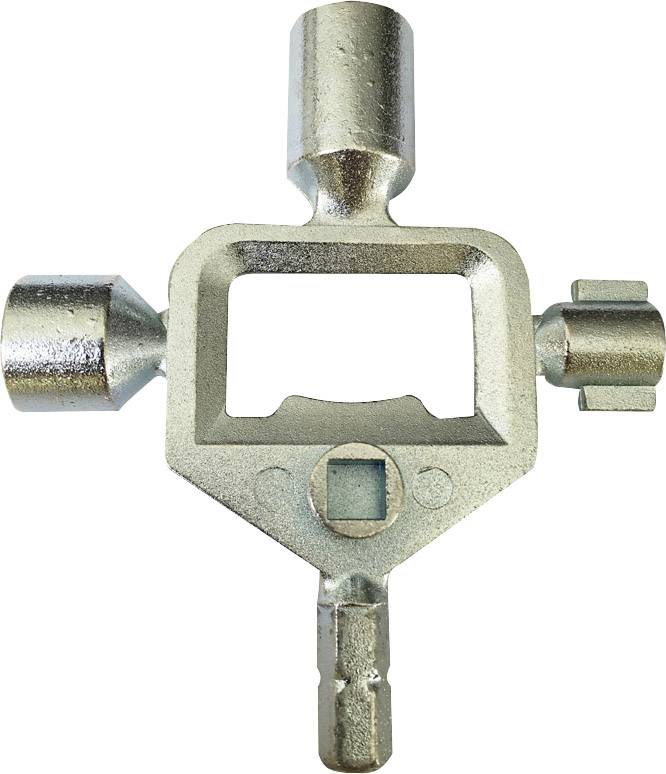 Metallschlüssel mit vier unterschiedlichen Aufsätzen, jeder für verschiedene Ventile und Schalter geeignet.