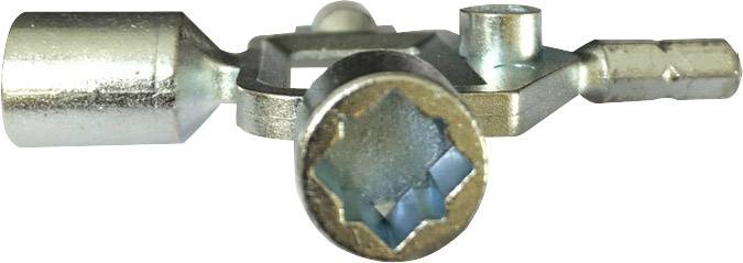 Ein silbernes Multifunktionswerkzeug mit vier verschiedenen Schlüsseln in einem, zur Bedienung von Türen und Schränken.