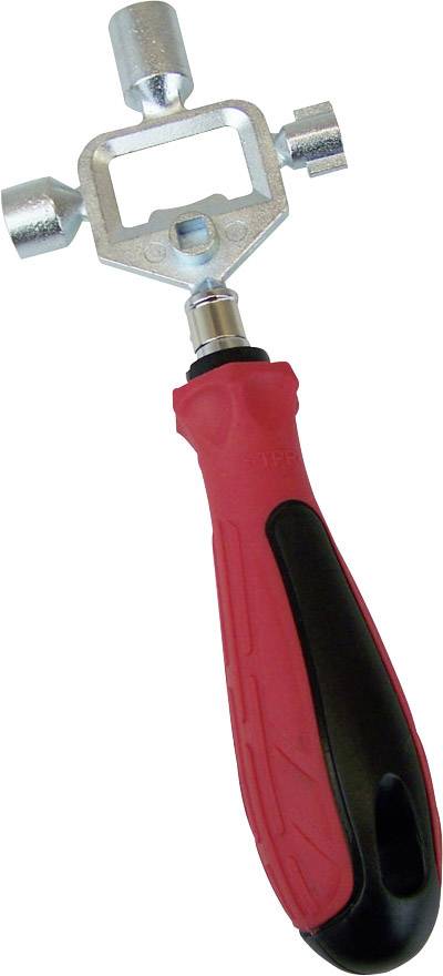 Ein Vierkantschlüssel mit rotem Griff, verwendet für Sanitär- und Heizungsinstallationen zum Öffnen von verschiedenen Ventilen und Abdeckungen.