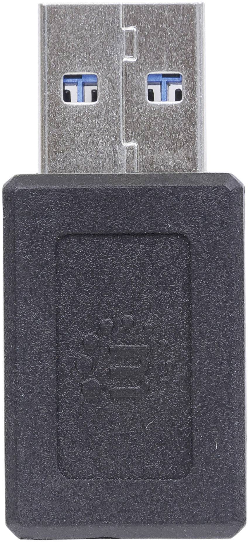 Ein schwarzer USB-Stick mit einer aufgedruckten Computer-Motivsilhouette auf der Vorderseite.