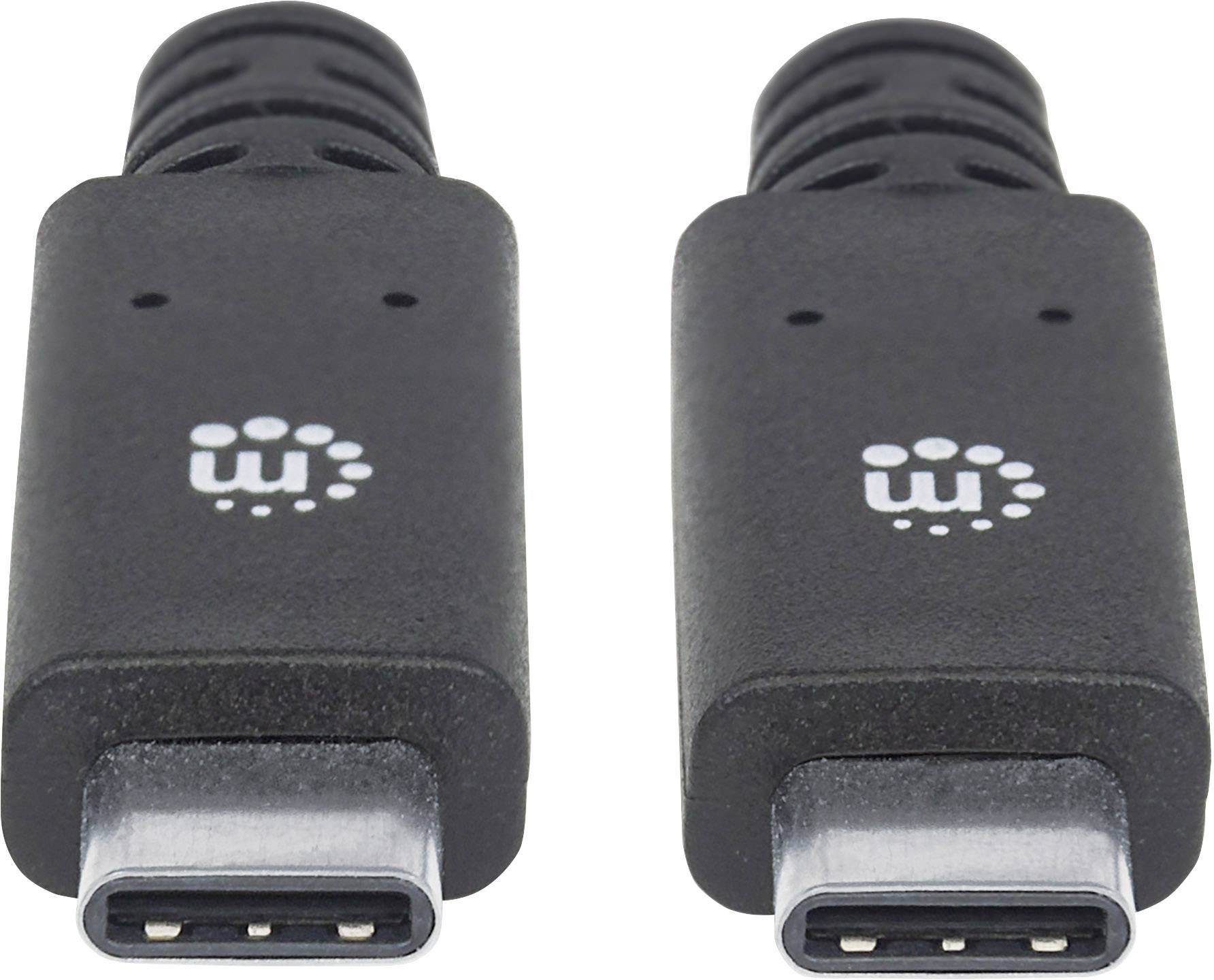 Zwei schwarze USB-C-Stecker mit identischem Design, auf einer weißen Oberfläche liegend, zeigen die Anschlussseite vorne.