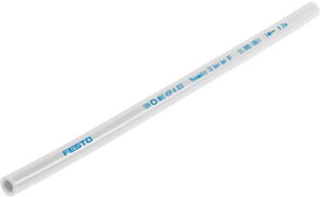 Weiße flexible Pneumatikschlauchleitung von Festo, geeignet für Druckluftanwendungen, mit blauer Aufschrift für Produktspezifikationen.
