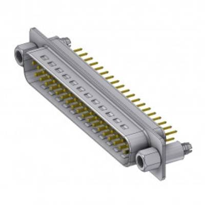 Ein grauer elektrischer Steckverbinder mit mehreren vergoldeten Pins, der für die Verbindung von elektronischen Geräten verwendet wird.