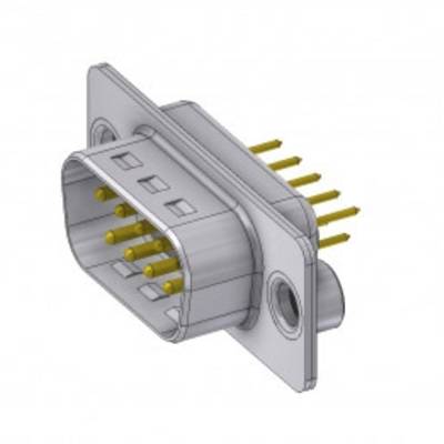 Stecker mit mehreren goldfarbenen Stiften und zwei Befestigungsplatten, geeignet für elektronische Anschlüsse und Verkabelung.