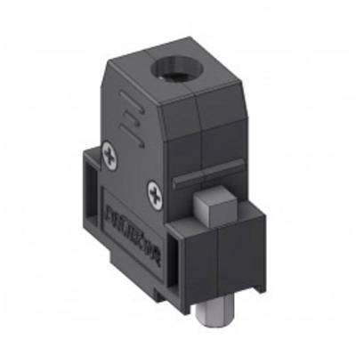 Ein schwarzer, rechteckiger Kunststoffstecker mit runden Klemmen und Schrauben an den Seiten.