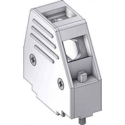 Metallische Klemme mit Schrauben an der Seite und einem Hohlraum in der Mitte, vermutlich für elektrische oder mechanische Verbindungen.