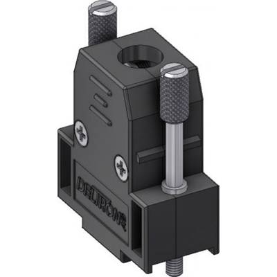 Ein schwarzer Deltron-Stecker mit zwei silbernen Schraubklemmen und einer zentralen Öffnung, zur elektrischen Verbindung.