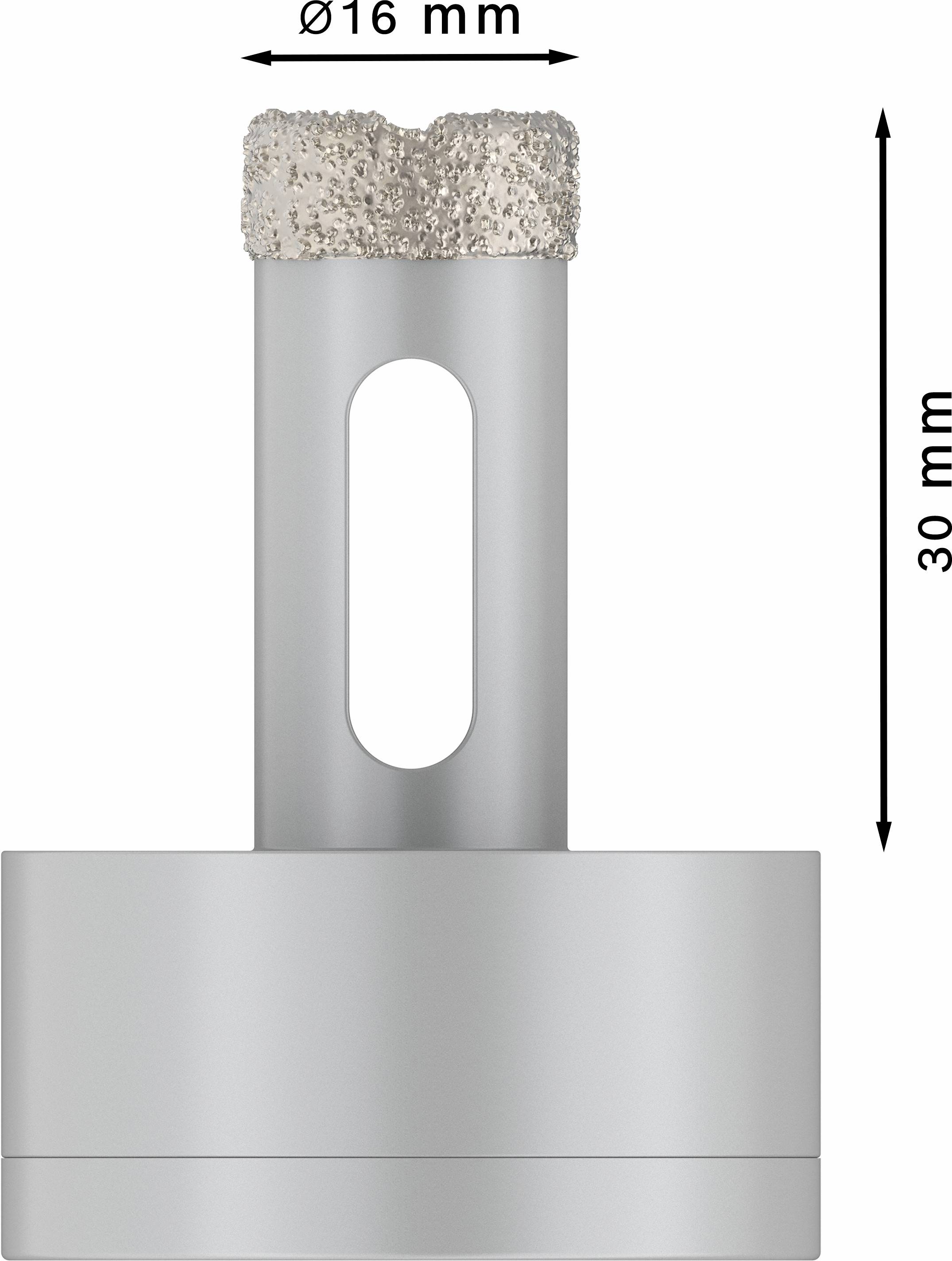 'Bild eines Bohrers: Durchmesser 16 mm, Länge 30 mm. Der Bohrer hat eine silberfarbene Beschichtung und eine diamantähnliche Spitze.'