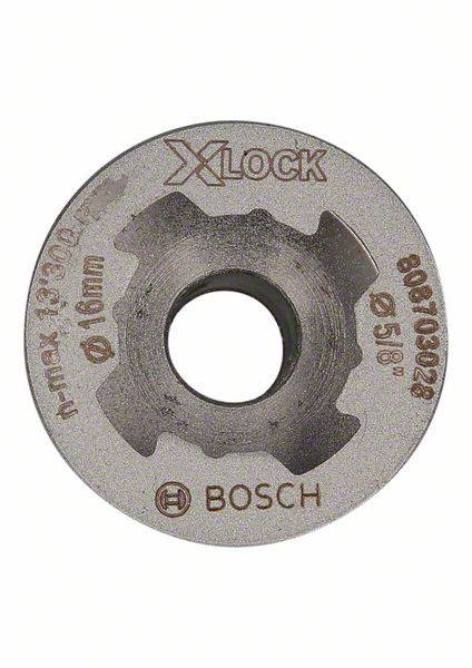 Kreisförmige Schleifscheibe mit 'Xlock'-Logo und Bosch-Logo, Durchmesserangaben und Teilenummer.