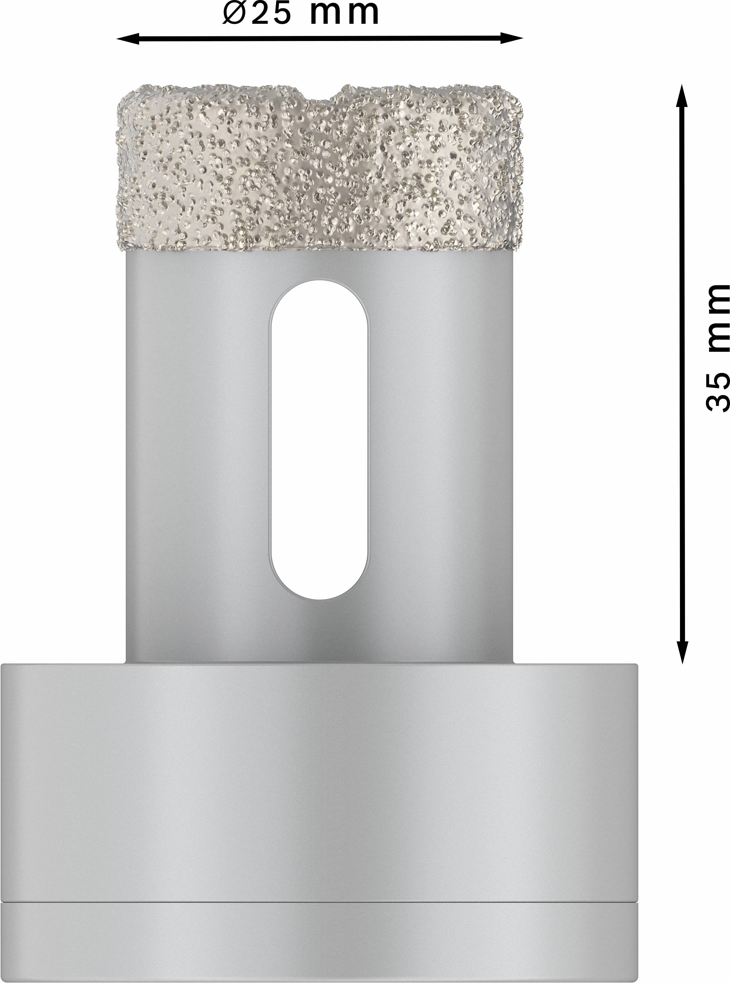'Metallzylinder mit 25 mm Diamantbeschichtung am oberen Rand, 35 mm hoch. Seitlicher Schlitz für Befestigung. Maßpfeile enthalten.'