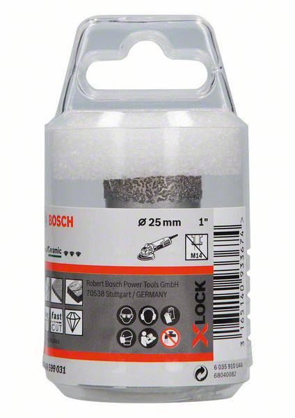 Ein Bosch Schleifaufsatz mit X-LOCK-System, Durchmesser 25 mm, in transparenter Verpackung mit Symbolen für Anwendungshinweise.