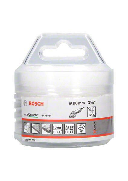Runddose mit Bosch-Keramiktrennscheiben, Durchmesser 80 mm. Markiert mit Symbolen für lange Lebensdauer und schnellen Schnitt.