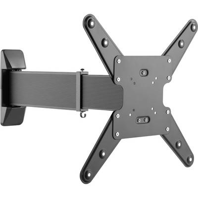 Schwarze TV-Wandhalterung mit schwenkbarem Arm und VESA-Lochmuster, geeignet zur flexiblen Anbringung eines Fernsehers an der Wand.