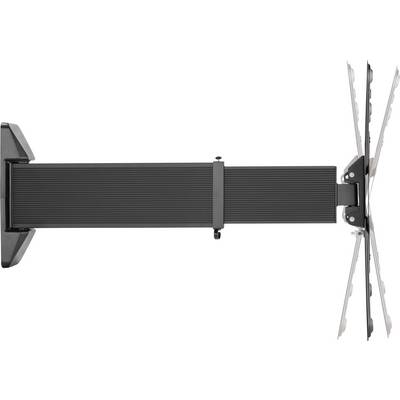 Schwarze Wandhalterung mit verstellbarem Arm und schwenkbarer Befestigung für flache Bildschirme, Seitenansicht.