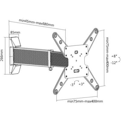 'Montageanleitung für TV-Wandhalterung; zeigt Maßeinheiten; Breite 45-680 mm, Höhe 75-400 mm, Neigung -12° bis +8°, Drehung ±3°.'