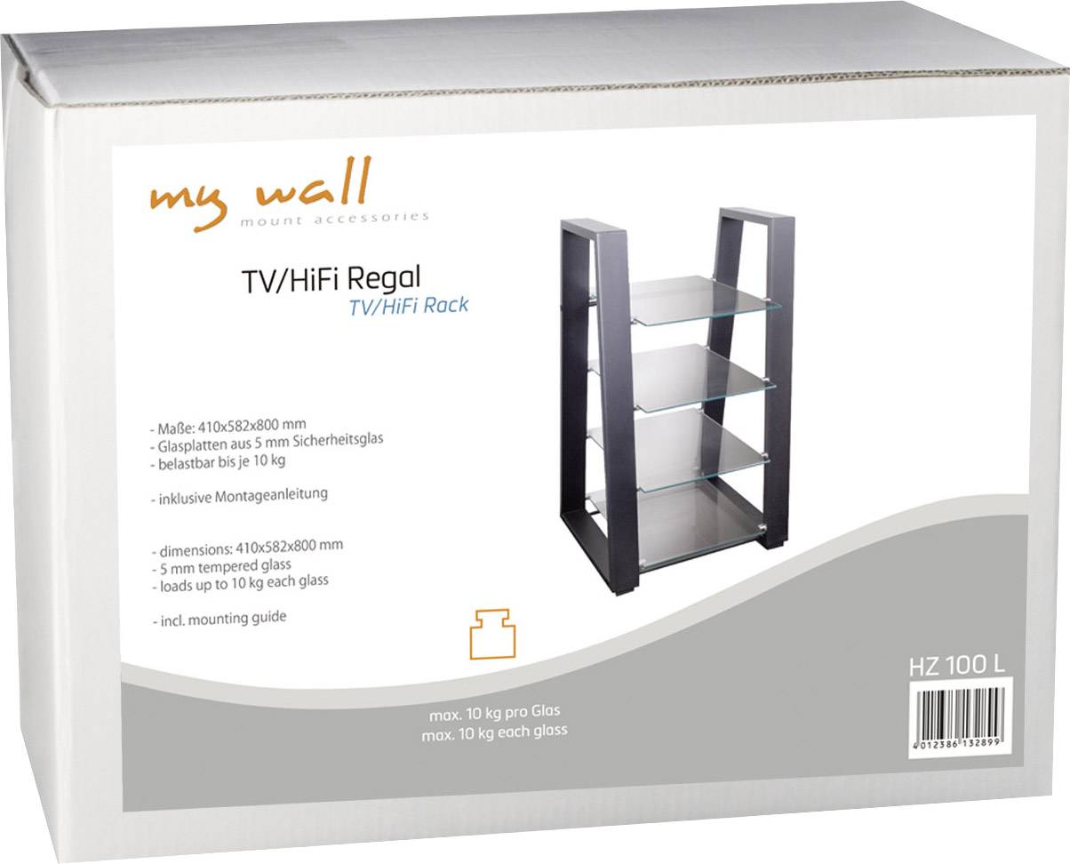 Verpackung eines TV/HiFi Regals aus Glas und Metall. Enthält Maße und Tragfähigkeit: max. 10 kg pro Glasplatte. Inkl. Montageanleitung.