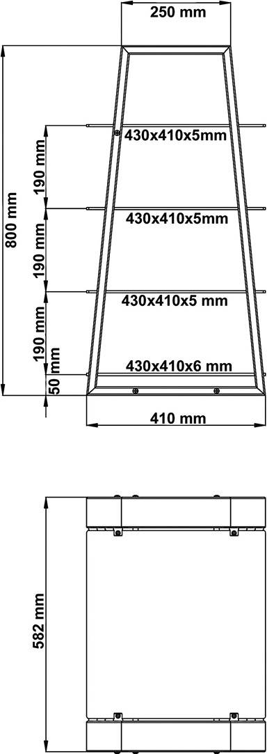 Technische Zeichnung eines trapezförmigen Metallbehälters mit Abmessungen. Höhe 800 mm, Basis 410 mm, obere Breite 250 mm.