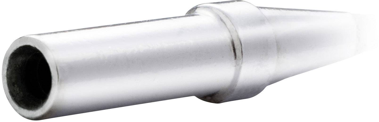 Das Bild zeigt die Spitze eines Lötkolbens, die aus Metall besteht. Sie ist konisch und spitz zulaufend, geeignet für präzise Lötarbeiten.