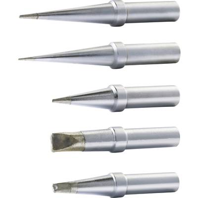 Fünf verschiedene Lötspitzen in einer Reihe: dünne Spitze, konische Spitze, meißelförmige Spitze und zwei breite flache Spitzen.