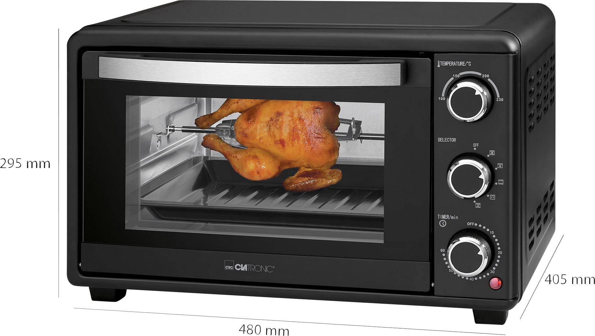 Ein schwarzer Ofen mit einem Grillhähnchen auf einem Drehspieß. Maße: 295 mm hoch, 480 mm breit, 405 mm tief. Drehknöpfe auf der rechten Seite.