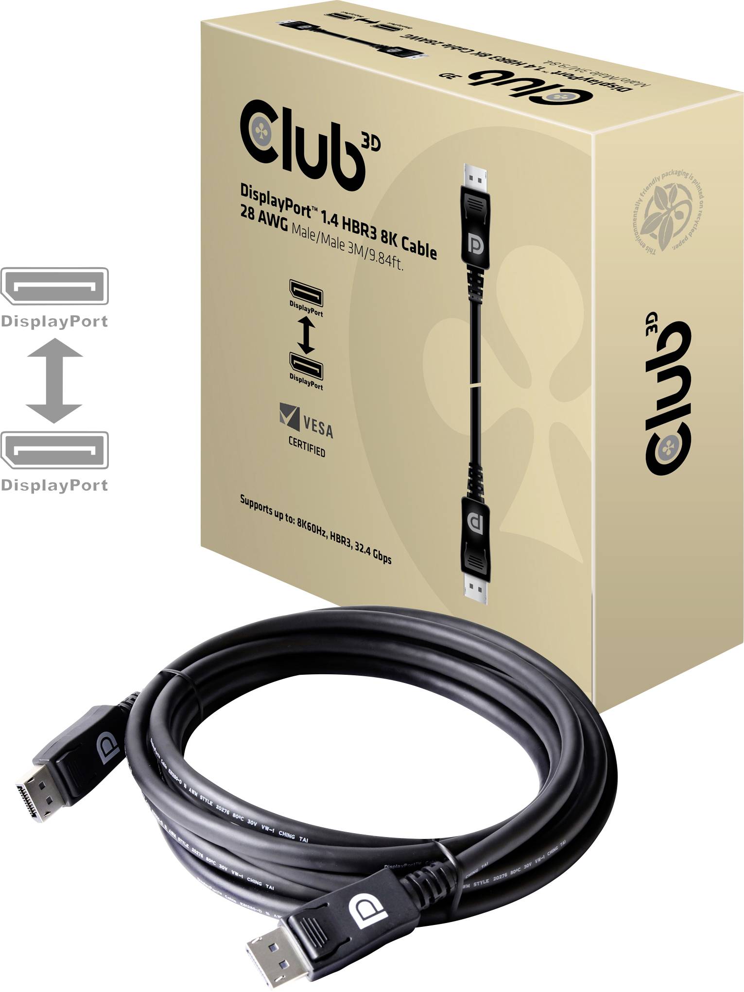 CLUB3D DisplayPort-Kabel 1.4 HBR3 32,4Gb/s   3m 8K60Hz St/St retail