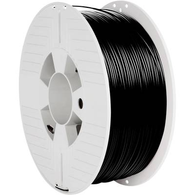 Schwarze Filamentrolle für 3D-Drucker mit weißem Kunststoffkern, seitlich aufgenommen. Geeignet für verschiedene Druckanwendungen.