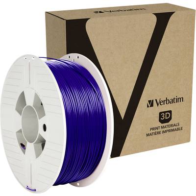 Eine Rolle Lila-Filament für 3D-Drucker neben einer Verpackungsbox der Marke Verbatim, die das Logo und den Text '3D Print Materials' zeigt.
