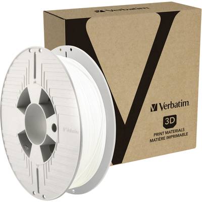Eine Rolle weißes 3D-Druckmaterial von Verbatim vor einem Karton mit dem Logo und der Aufschrift 'Verbatim 3D Print Materials'.