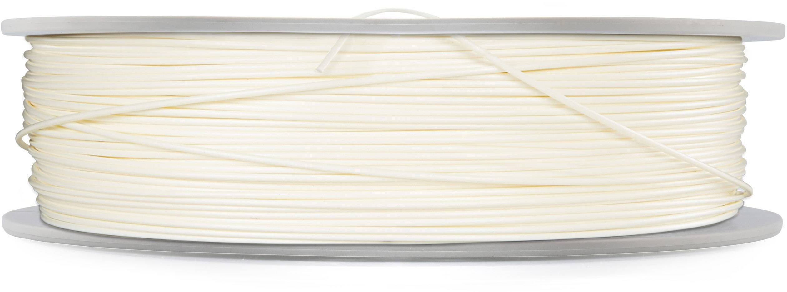 Eine Spule mit weißem 3D-Drucker-Filament, das um eine zylindrische Platte gewickelt ist, bereit für den Gebrauch im 3D-Druck.