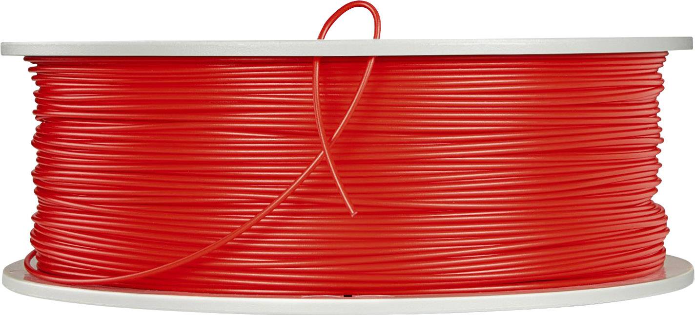Eine große Spule mit rotem Filament, das für 3D-Drucker verwendet wird, steht aufrecht.