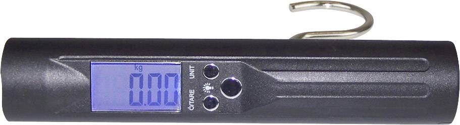 Elektronische Gepäckwaage mit digitalem Display, das "0,00 kg" anzeigt. Silberner Haken an der rechten Seite.