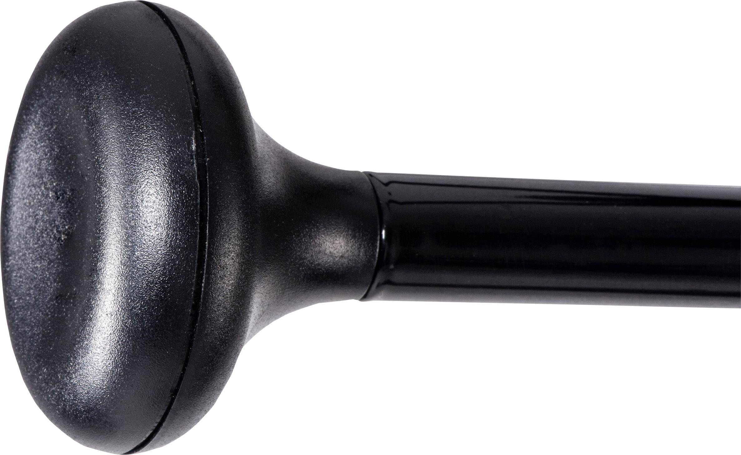 Ein schwarzer Türstopper aus Metall mit einem runden, flachen Kopf und einem langen Stiel liegt auf einer weißen Oberfläche.