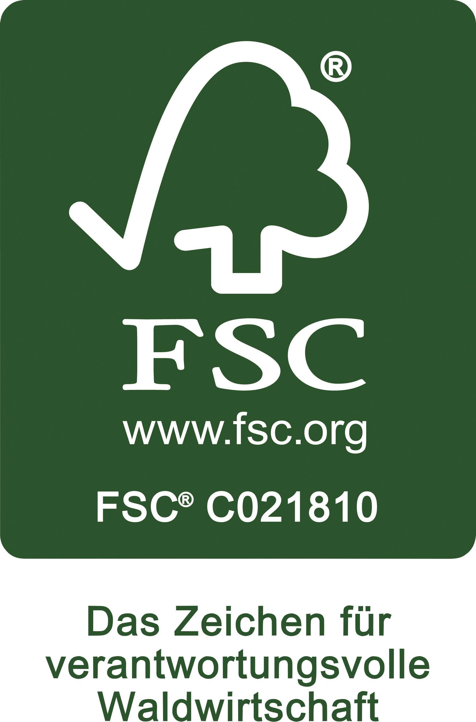 FSC-Logo auf grünem Hintergrund mit Text: 'Das Zeichen für verantwortungsvolle Waldwirtschaft'.