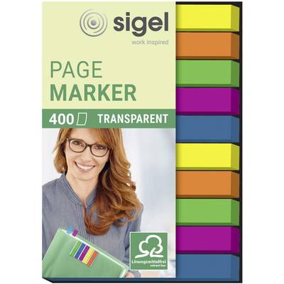 'Page Marker 400 Transparent' von Sigel: Farbige Haftstreifen in Blockform, selbstklebend. Frau mit Brille im Hintergrund lächelt.