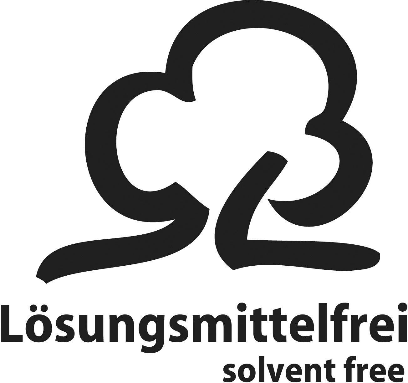 Ein stilisierter Baum über dem Text 'Lösungsmittelfrei solvent free', Hinweis auf ein umweltfreundliches Produkt.