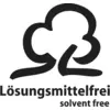 Ein stilisierter Baum über dem Text 'Lösungsmittelfrei solvent free', Hinweis auf ein umweltfreundliches Produkt.