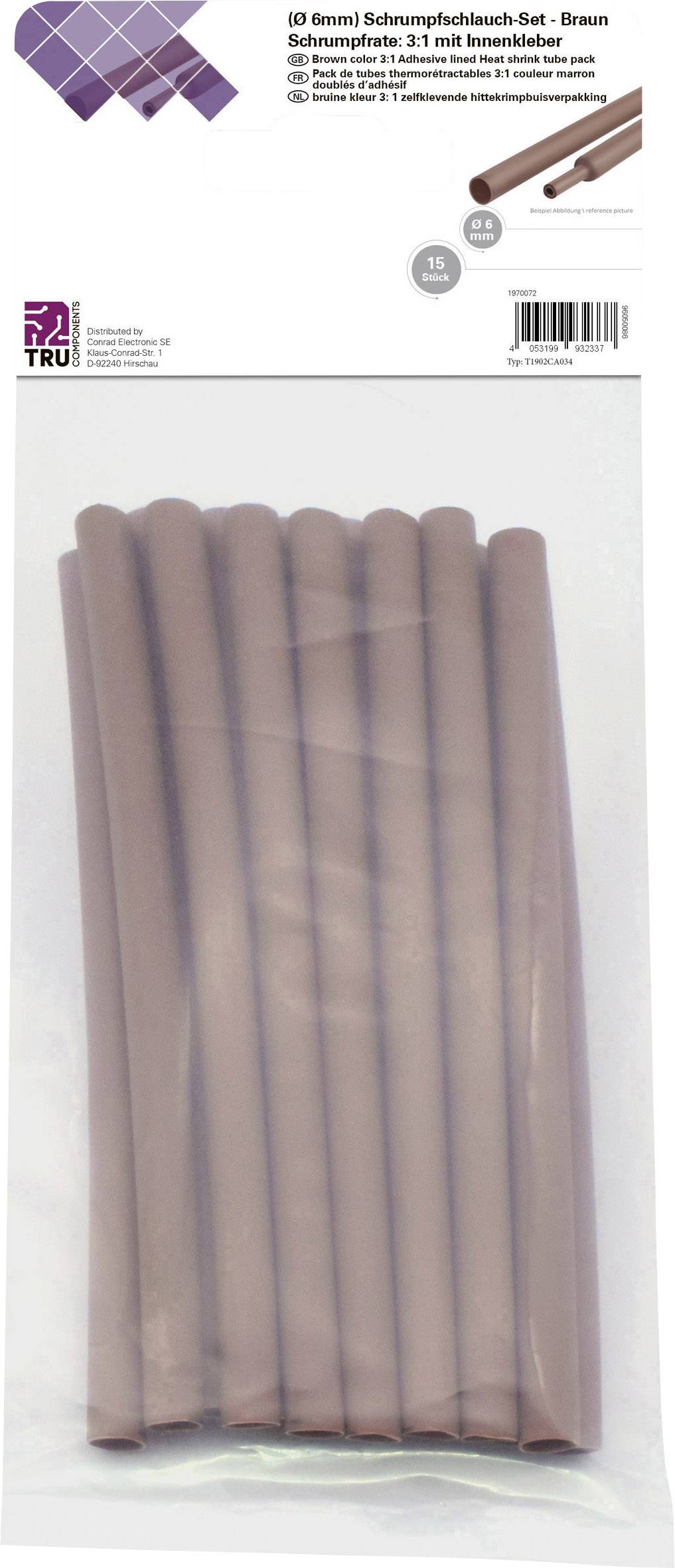 TRU COMPONENTS T1902CA034 Schrumpfschlauchsortiment Braun 6 mm 2 mm Schrumpfrate:3:1 15 St.