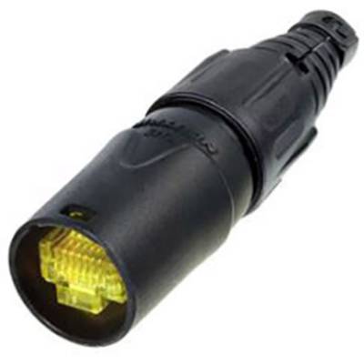 Ein schwarzer Netzwerkstecker mit gelbem RJ45-Einsatz für Ethernet-Verbindungen, geeignet für robuste und wetterfeste Anwendungen.